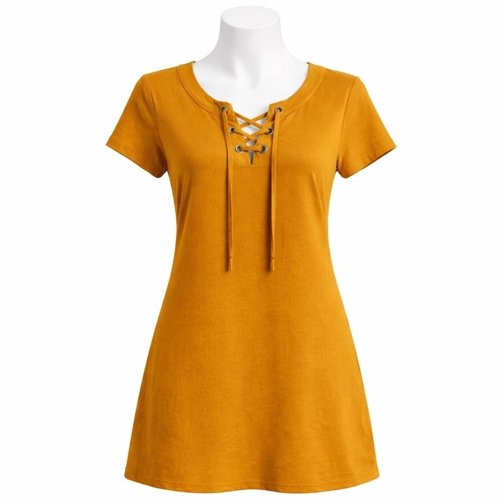 Size‎ M Calvin Klein Women’s Mustard Yellow Lace Up T Shirt Dress